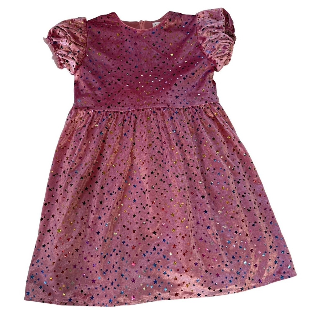 Lola + The Boys Rainbow Stars Sequin Pink Velour puff sleeve dress Size 8 PRIDE